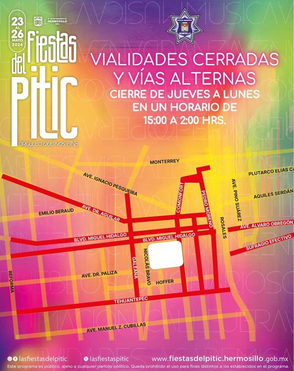 Tránsito exhorta a tomar rutas alternas por cierre de calles durante Fiestas del Pitic