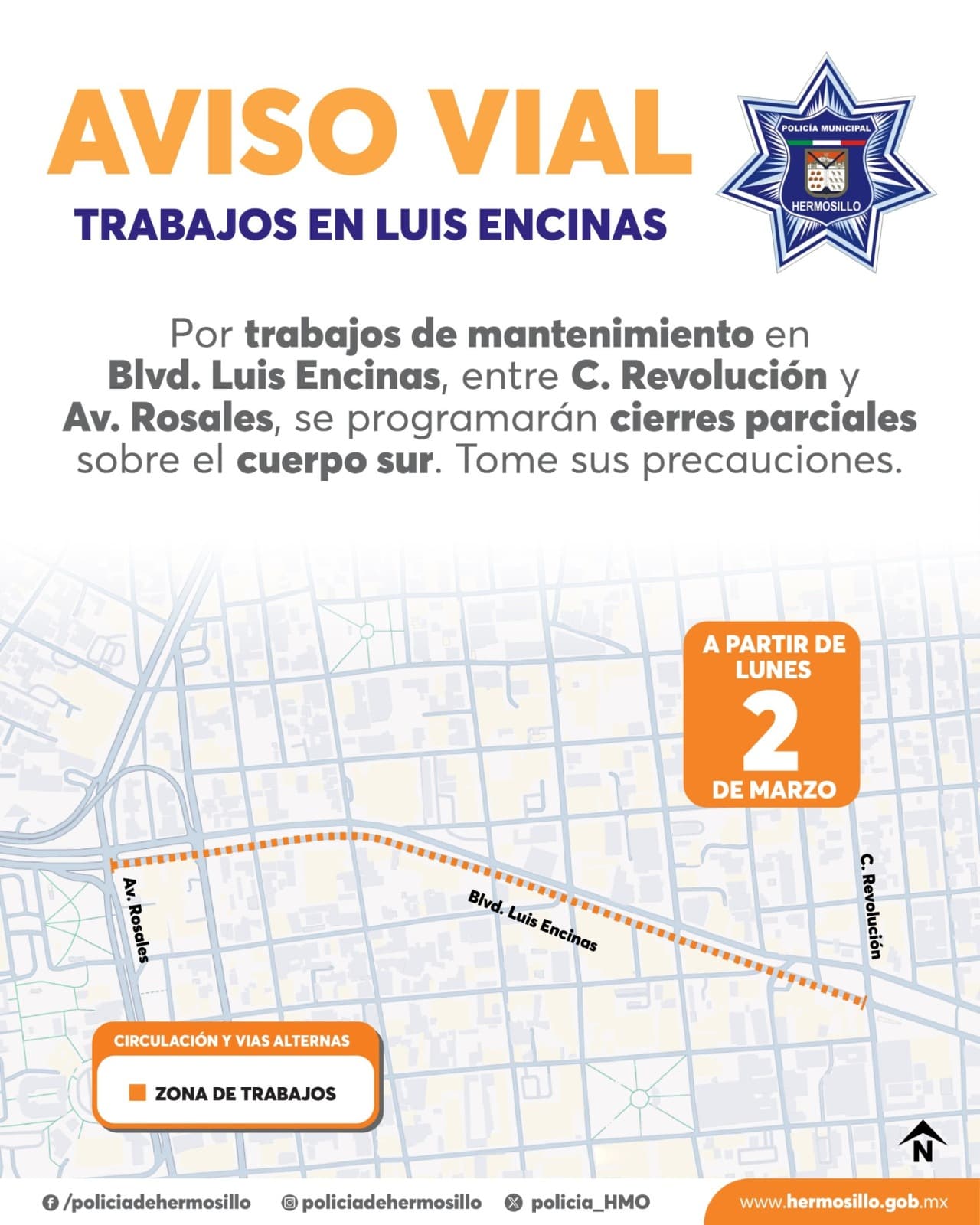 Gobierno de Hermosillo dará mantenimiento en tramo de bulevar Luis Encinas entre Rosales y Revolución