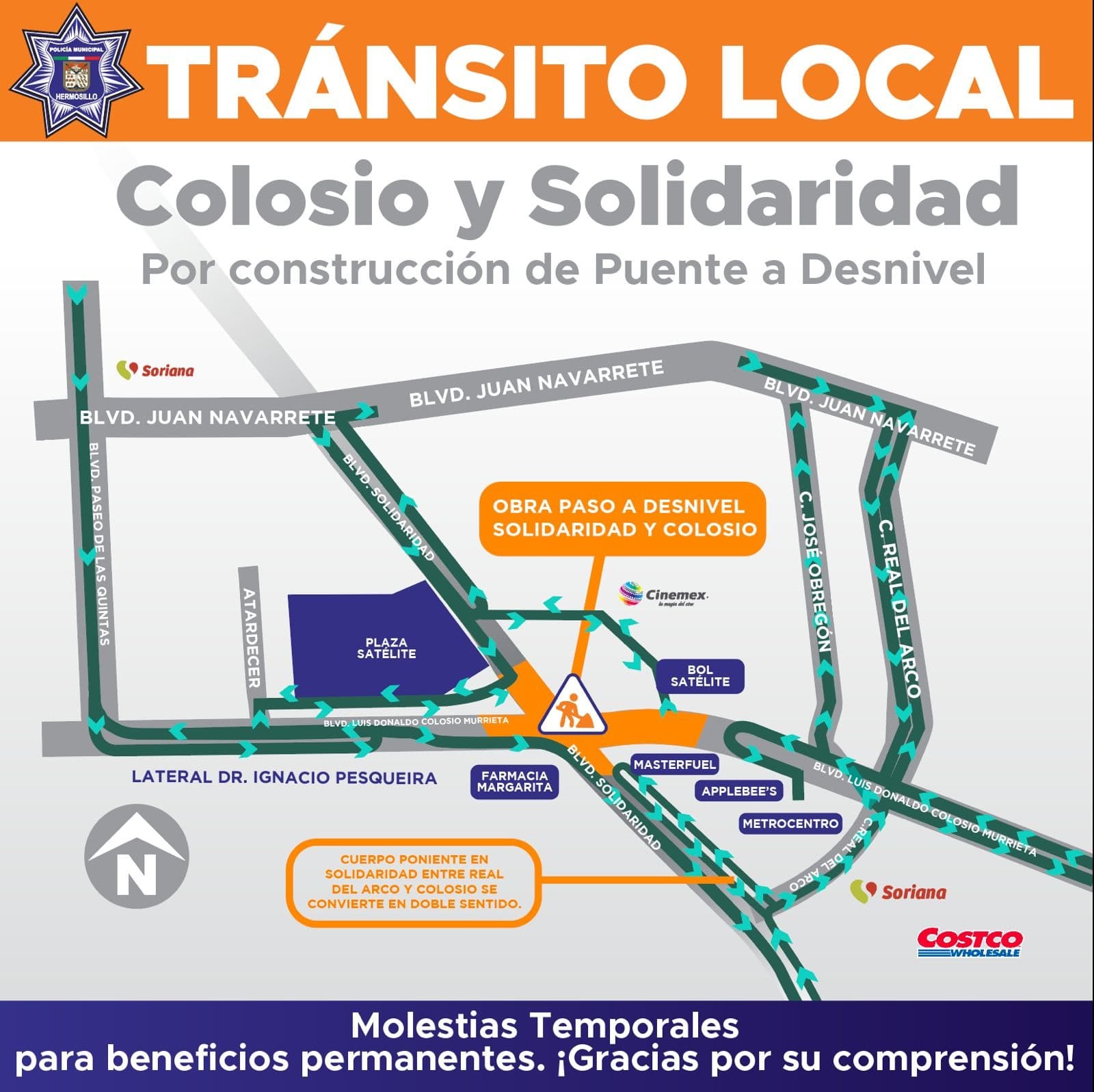A partir del jueves transitarán automovilistas por rutas alternas de Colosio y Solidaridad por inicio de obra de paso desnivel