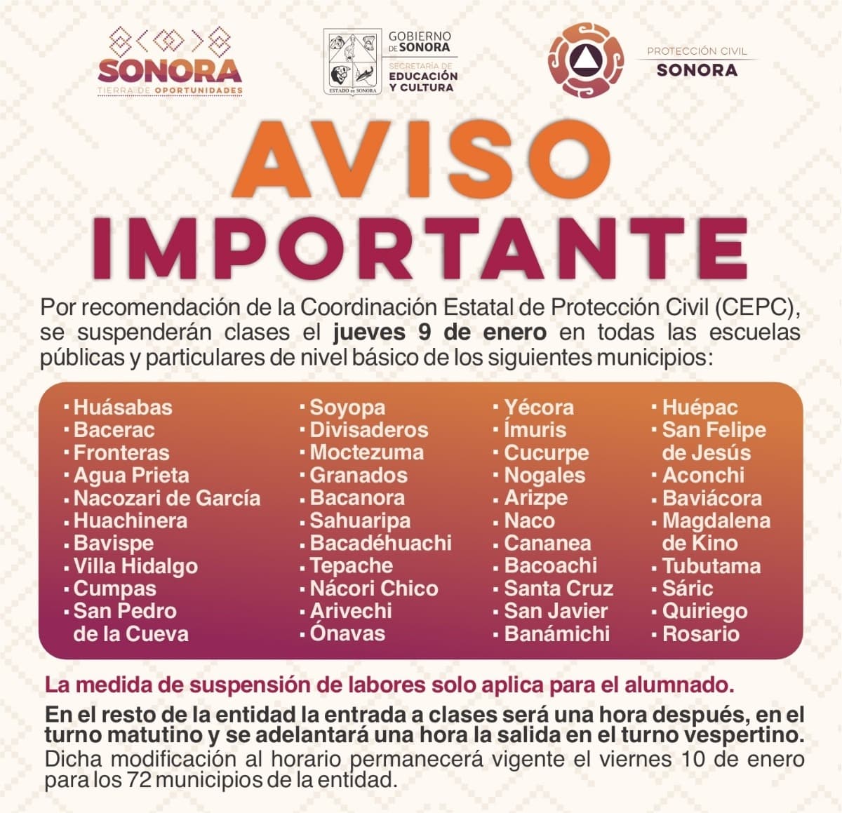 SEC Sonora suspende clases por bajas temperaturas en 41 municipios de la entidad