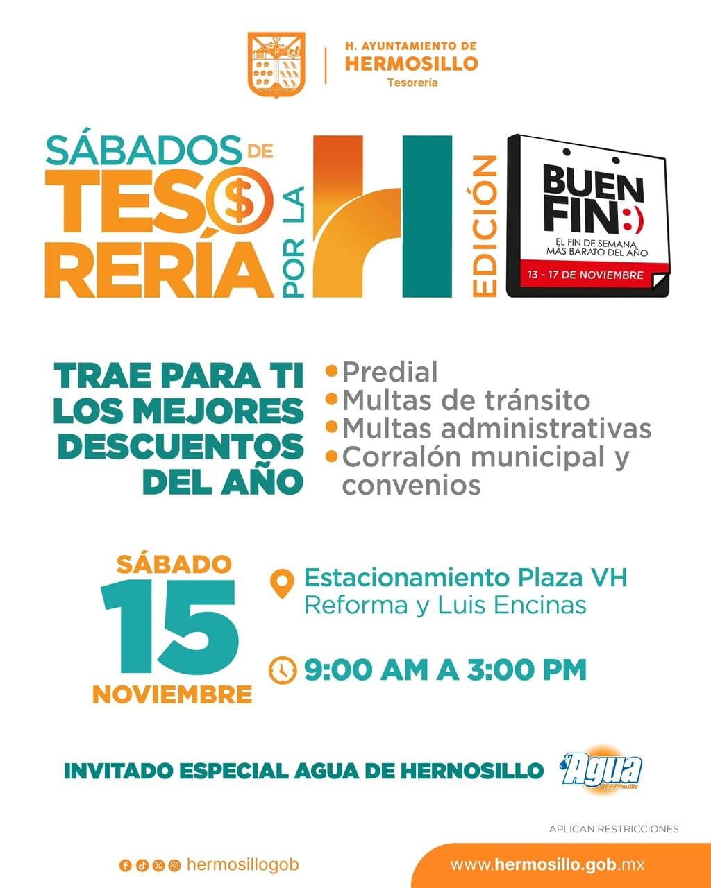 Tesorería Municipal y Agua de Hermosillo tendrán descuentos este sábado 15 de noviembre