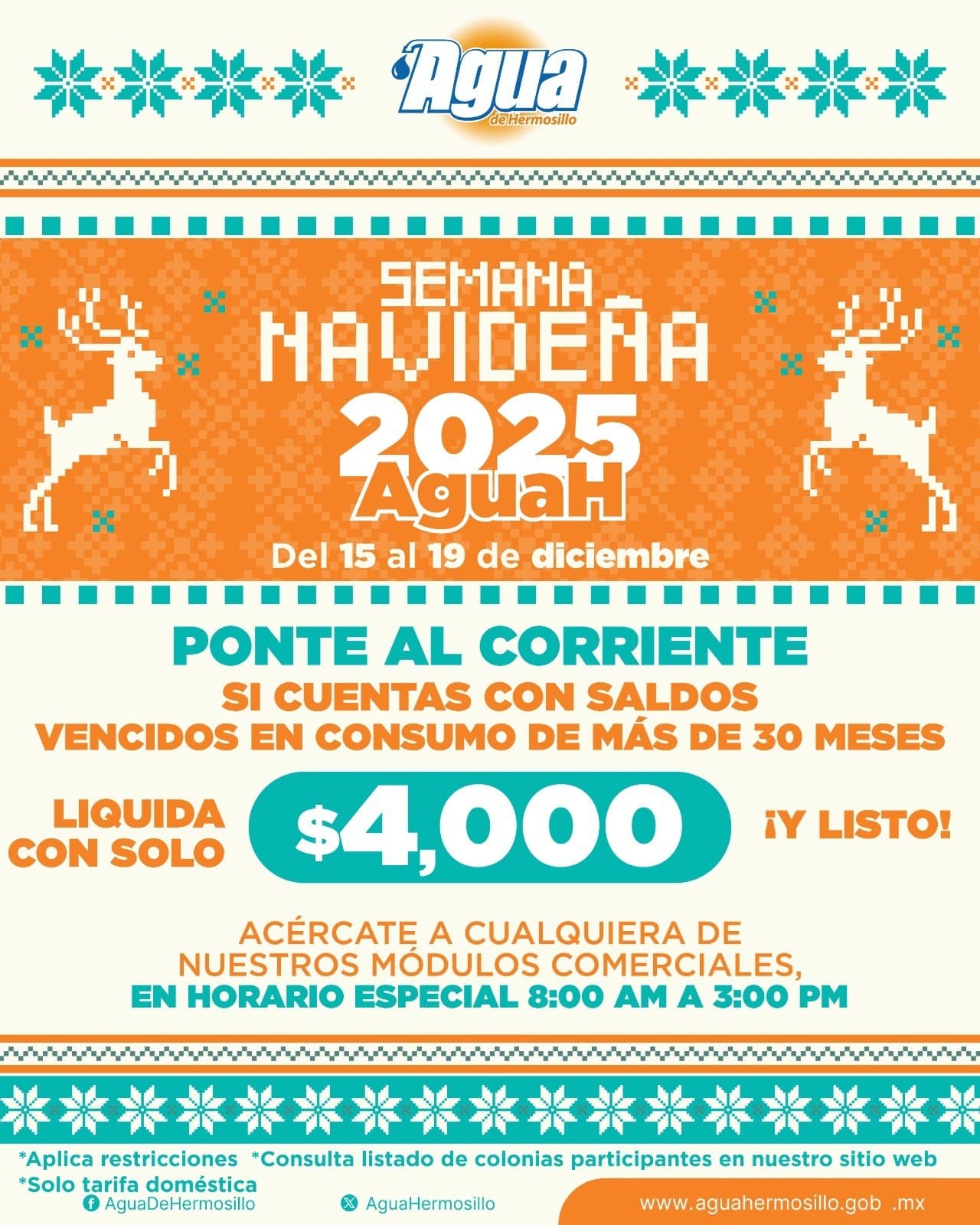 Agua de Hermosillo anuncia la Semana Navideña con grandes descuentos en tarifa doméstica