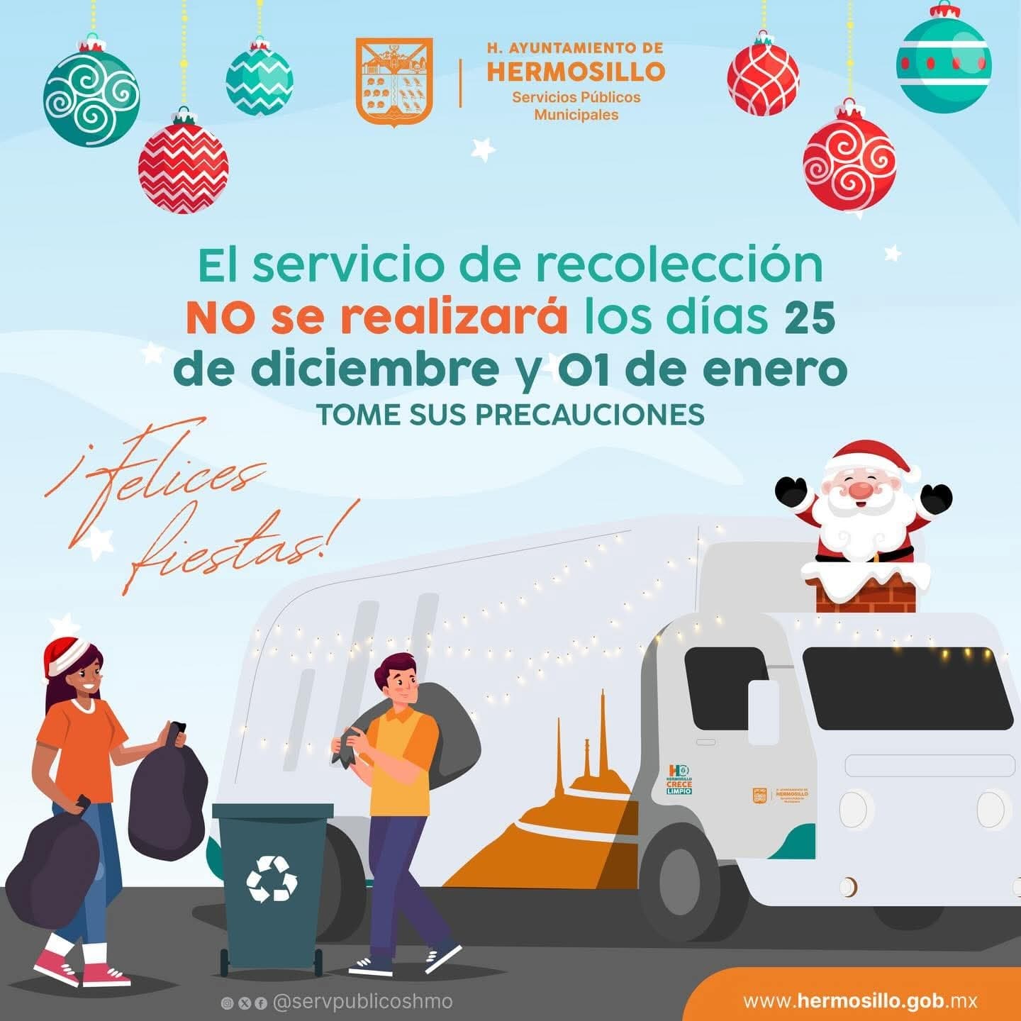 No habrá servicio de recolección de basura los días 25 de diciembre y 1 de enero, informa Ayuntamiento de Hermosillo