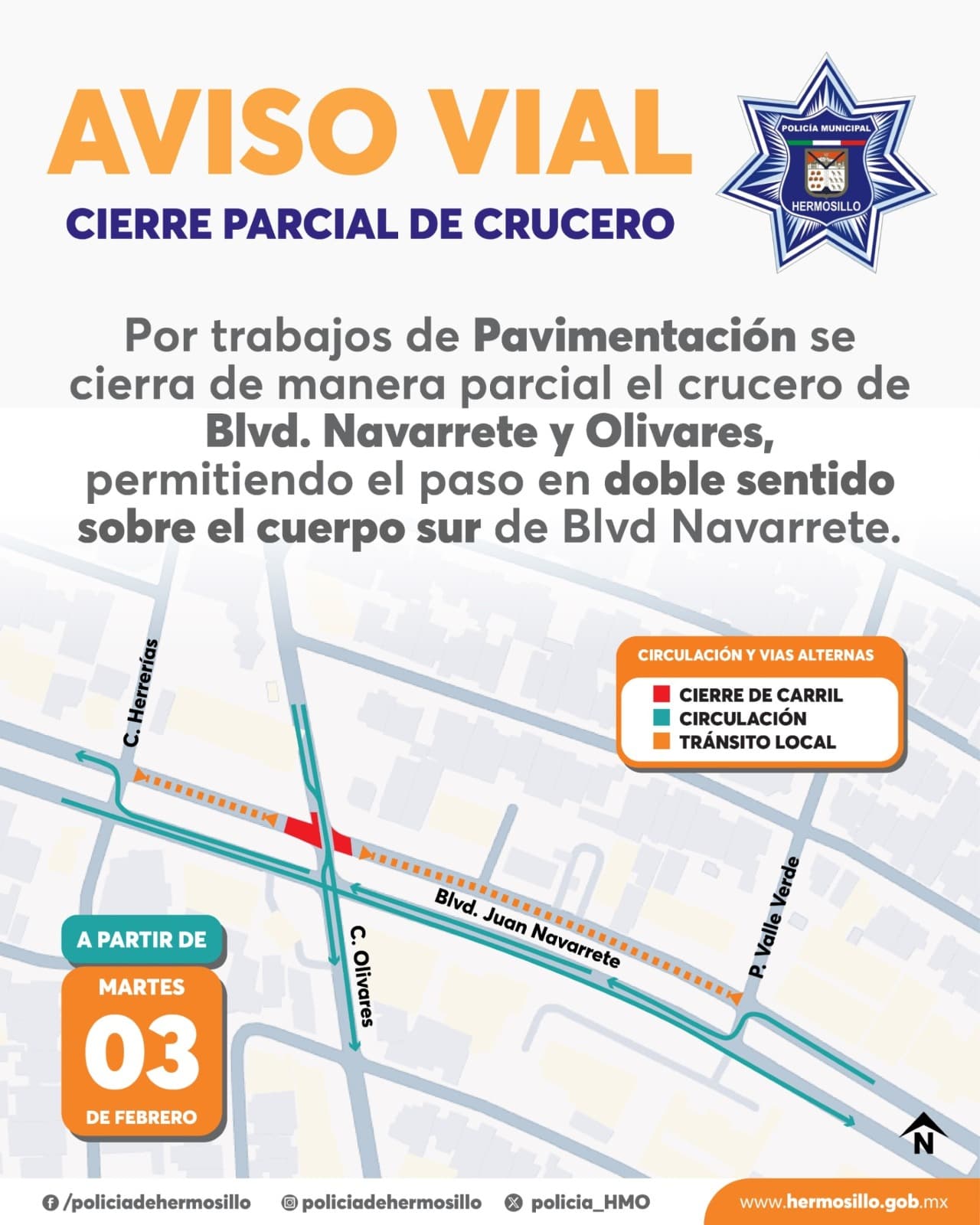 Iniciarán el martes 3 de febrero trabajos de rehabilitación en crucero Navarrete y Olivares