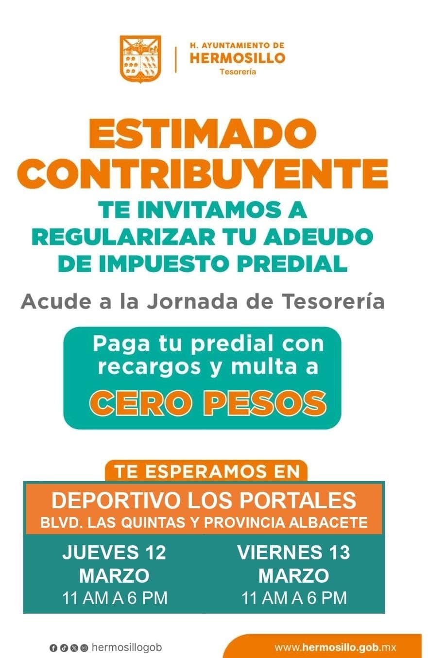 Tesorería Municipal ofrecerá Programa de Regularización de Predial en Deportivo Los Portales
