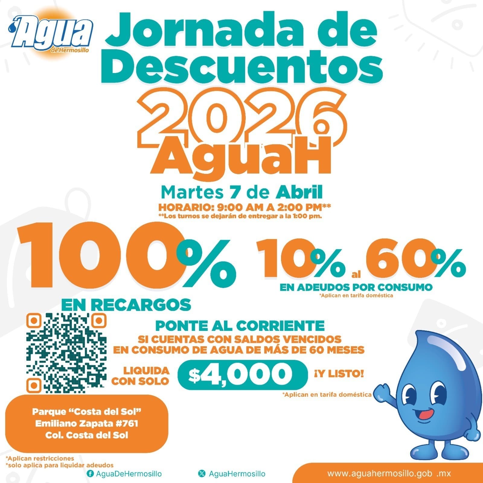 Agua de Hermosillo realizará Jornada de Descuentos a deudores este martes 7 en colonia Costa del Sol